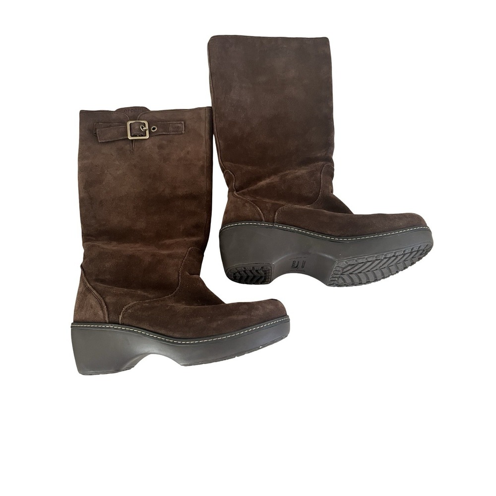 Crocs Women's Size 10 A-Leigh Suede Brown Mid-Calf Wedge Boots Zip Up Buckle EUC